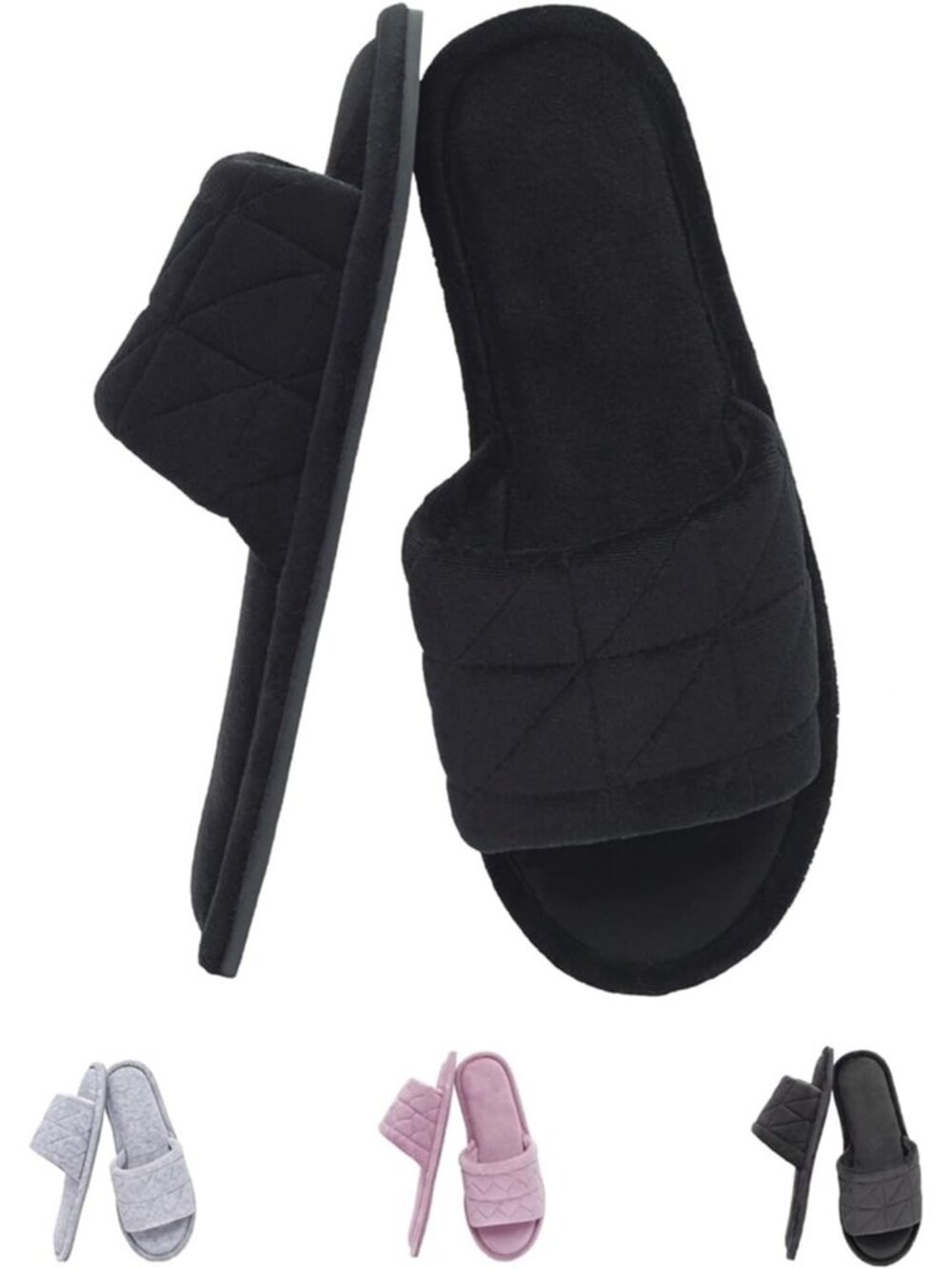 Women's Black Velvet Open Toe Memory Foam Non-Slip Outdoor Slip-On  Slipper